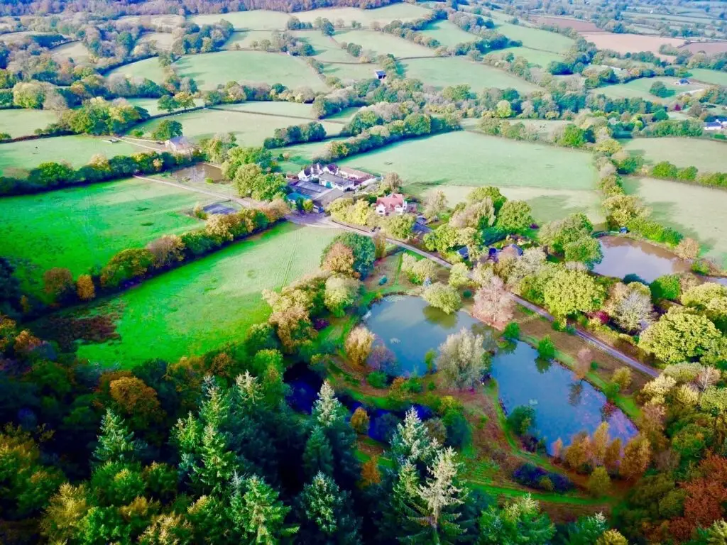 aerial view of the lakes at South Farm Holiday Cottages & Fishery